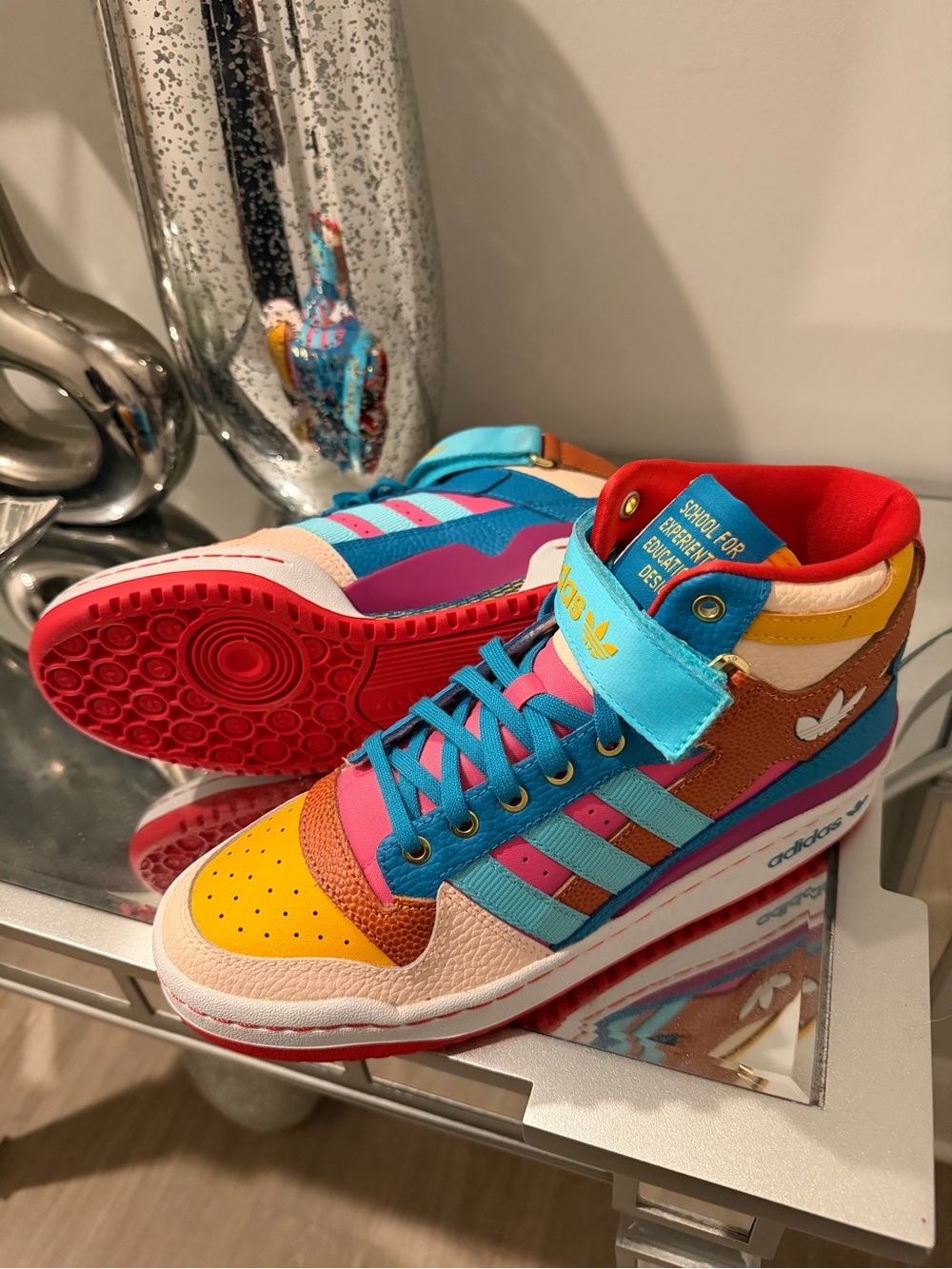 Adidas Women’s High-Top Colorblock Sneakers in Yellow/Blue/Pink. Never worn.